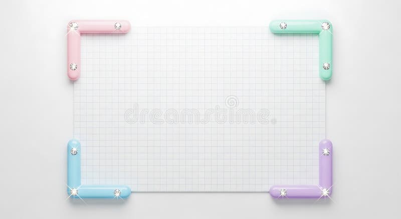 Rectangular grid paper with four rounded corner markers. Each corner features a vector illustration