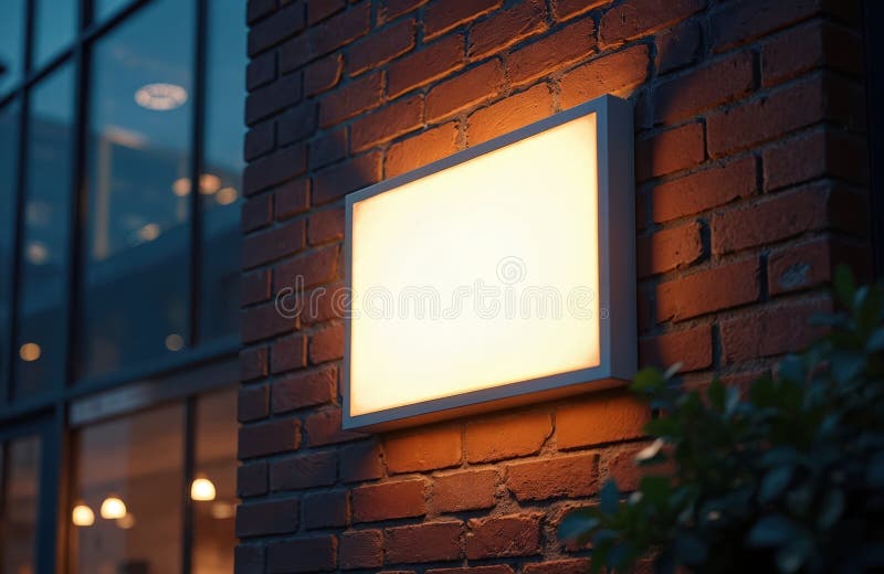 Rectangular illuminated blank sign on brick building facade at night. Light panel bright white, ready for custom text graphics. stock illustration