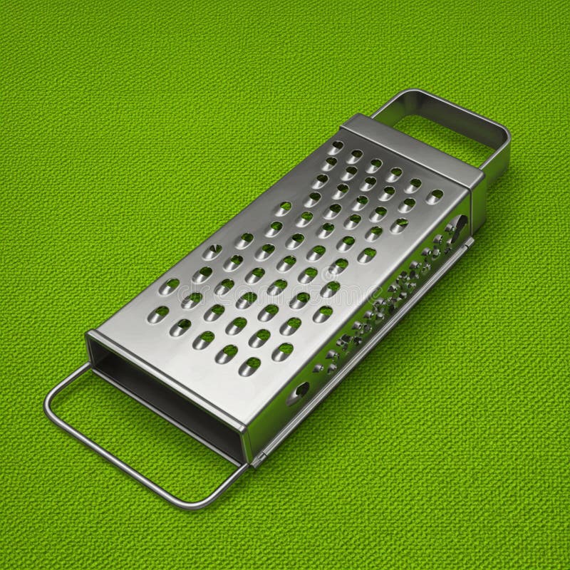 Rectangular metal cheese grater with a handle at each end, lying on a vibrant green stock illustration