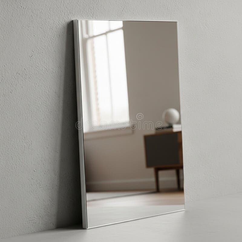 Rectangular mirror with a sleek, silver frame rests against a light gray vector illustration