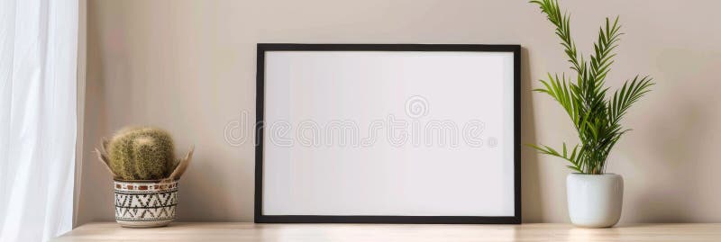 A rectangular picture frame rests on a table beside a potted plant. A rectangular picture frame is displayed on a table next to a potted plant. The wood frame adds symmetry to the room, with the electronic device serving as a computer monitor accessory AI generated