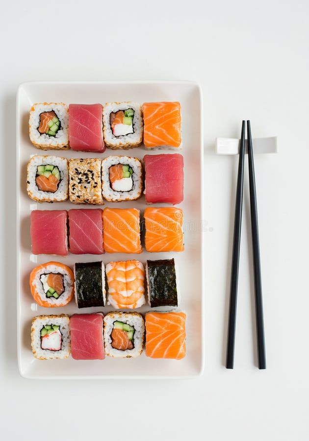 A rectangular plate features an assortment of sushi rolls arranged in four neat rows. The sushi includes varieties with salmon (Salmo salar), tuna (Thunnus), and avocado, wrapped with seaweed, and sprinkled with sesame seeds. Some rolls are topped with slices of raw fish, while others are wrapped in seaweed or rice. Alongside the plate, a pair of black chopsticks rests on a white holder. The setting is minimalist on a white background, emphasizing the vibrant colors and textures of the sushi.