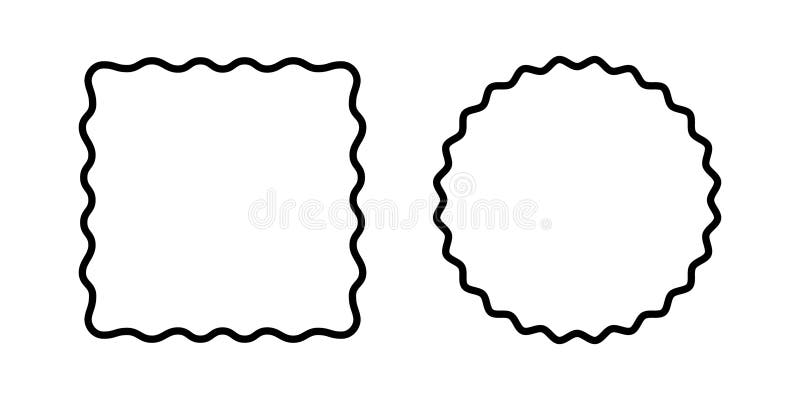 Rectangular and round shapes with undulated borders. Square and circle frames with wavy edges. Empty frilly text boxes vector illustration