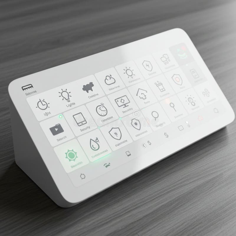 Rectangular touchscreen displaying a smart home control interface. The screen, set stock illustration
