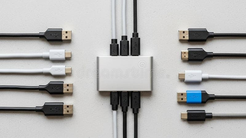 The hub indicating a multi device charging setup. Set on a plain light vector illustration