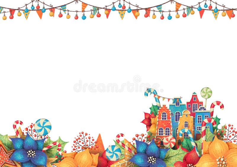 Rectángulo de Navidad marco para carta o invitación con casas, poinsettia, lollipop, dulces, guirnaldas, bayas libre illustration Rectángulo de Navidad marco para carta o invitación con casas, poinsettia, lollipop, dulces, guirnaldas, bayas libre illustration