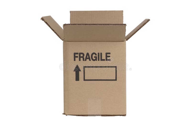 Cardboard moving box with a fragile sign on a white background. Cardboard moving box with a fragile sign on a white background