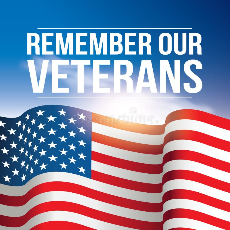 Recuerde nuestro cartel de los veteranos, bandera los E.E.U.U., fondo de la bandera americana contra el cielo azul stock de ilustración Recuerde nuestro cartel de los veteranos, bandera los E.E.U.U., fondo de la bandera americana contra el cielo azul stock de ilustración