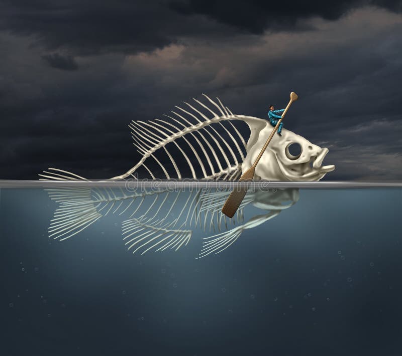 Resourcefulness recovery and ability business concept and managing a financial or environmental disaster crisis as a salvaging businessman on a fish skeleton rowing with a boat paddle towards new opportunities or climate change solution. Resourcefulness recovery and ability business concept and managing a financial or environmental disaster crisis as a salvaging businessman on a fish skeleton rowing with a boat paddle towards new opportunities or climate change solution.