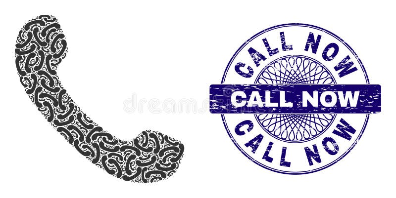 Phone Receiver Recursive Mosaic of Phone Receiver Items and Grunge Call Now Round Guilloche Stamp stock illustration