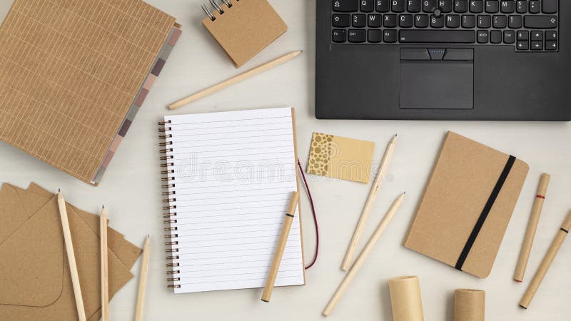 Concept flat lay with modern office supplies from eco friendly sustainable  materials. Flat lay on office table without single use plastic to reduce wa  Stock Photo - Alamy