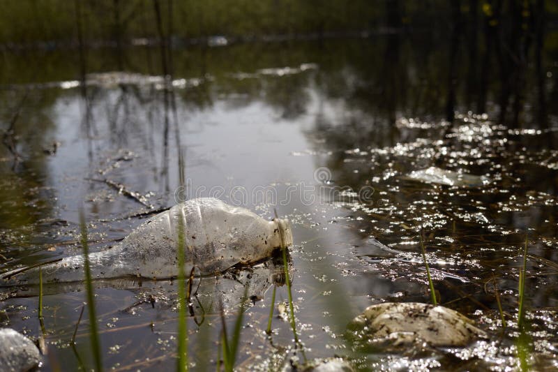 Recyclable garbage. Empty dirty plastic bottle in river or lake environmental pollution royalty free stock photos