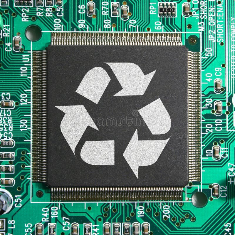 Recycle e-junk eco-friendly technology concept. Recycling symbol imprinted on a computer chip illustrating the need to recycle electronic junk. Eco-friendly & royalty free stock image Recycle e-junk eco-friendly technology concept. Recycling symbol imprinted on a computer chip illustrating the need to recycle electronic junk. Eco-friendly & royalty free stock image