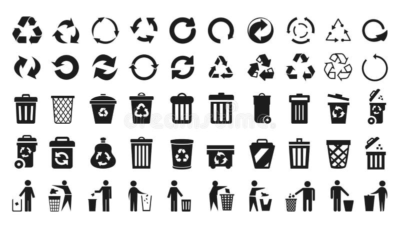 Recycle icons set and trash can icons with man - vector