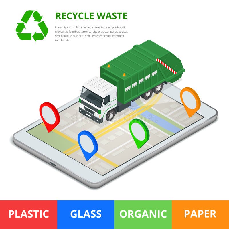 Recycle waste concept. Garbage disposal with gps navigation on city. Sorting garbage. Ecology and recycle concept. Flat royalty free illustration