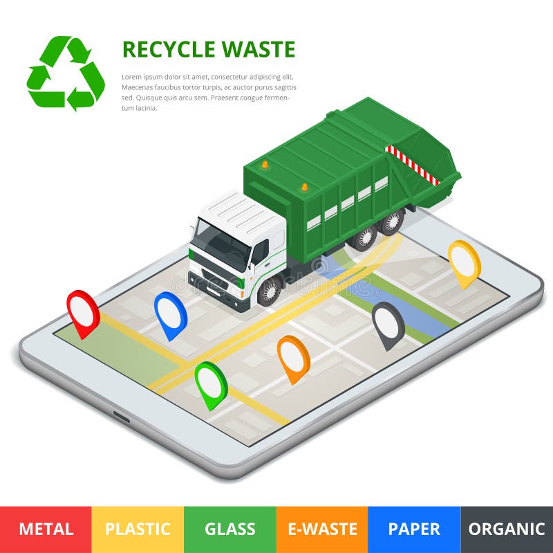 Recycle waste concept. Garbage disposal with gps navigation on city. Sorting garbage. Ecology and recycle concept. Flat vector illustration