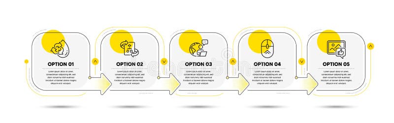 Recycle water, Swipe up and Like photo icons set. Technical algorithm sign. Vector royalty free illustration