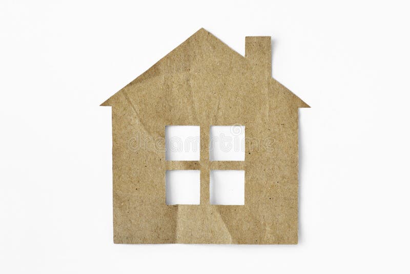 Recycled paper cut of home on white background - Eco-house concept stock photo Recycled paper cut of home on white background - Eco-house concept stock photo