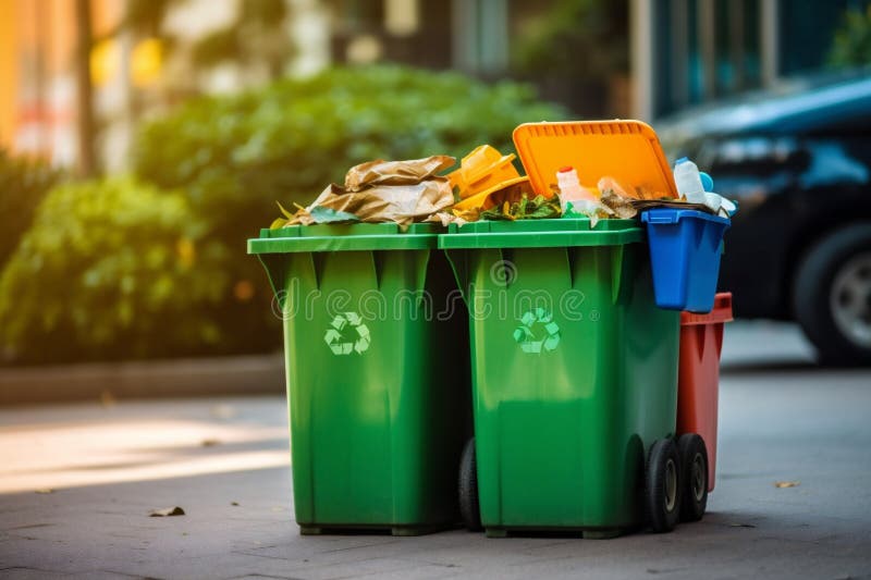 A Recycling Bin Filled with Various Recyclable Materials, Outside