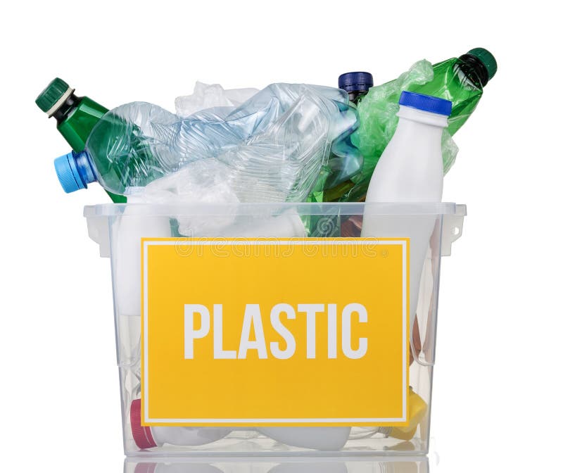 Recycling concept. Container with plastic bottles and plastic inscription on yellow isolated royalty free stock photo
