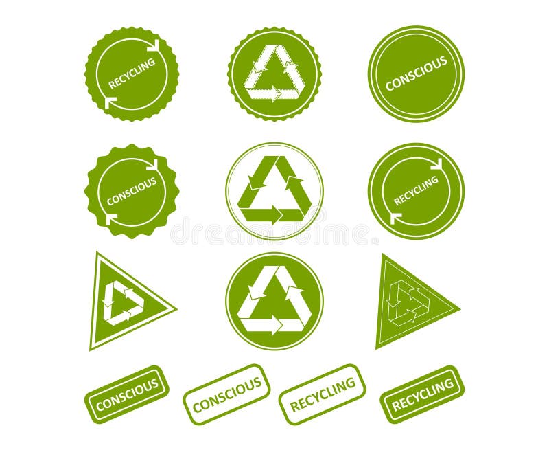recycling Consumo consciente Ajuste dos selos, etiquetas ilustração do vetor recycling Consumo consciente Ajuste dos selos, etiquetas ilustração do vetor