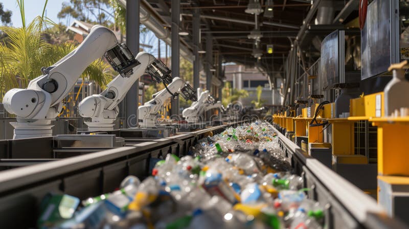 Instalație de reciclare în care roboții și lucrătorii sortează materiale reciclabile. vector illustration