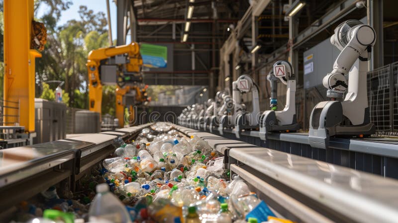 Instalație de reciclare în care roboții și lucrătorii sortează materiale reciclabile. vector illustration