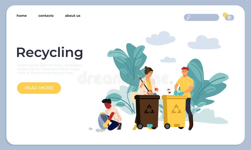Recycling landing page. Web site interface with buttons, headline and text. People sorting trash, clean area from. Waste conversion and use of secondary raw materials. Vector online service.