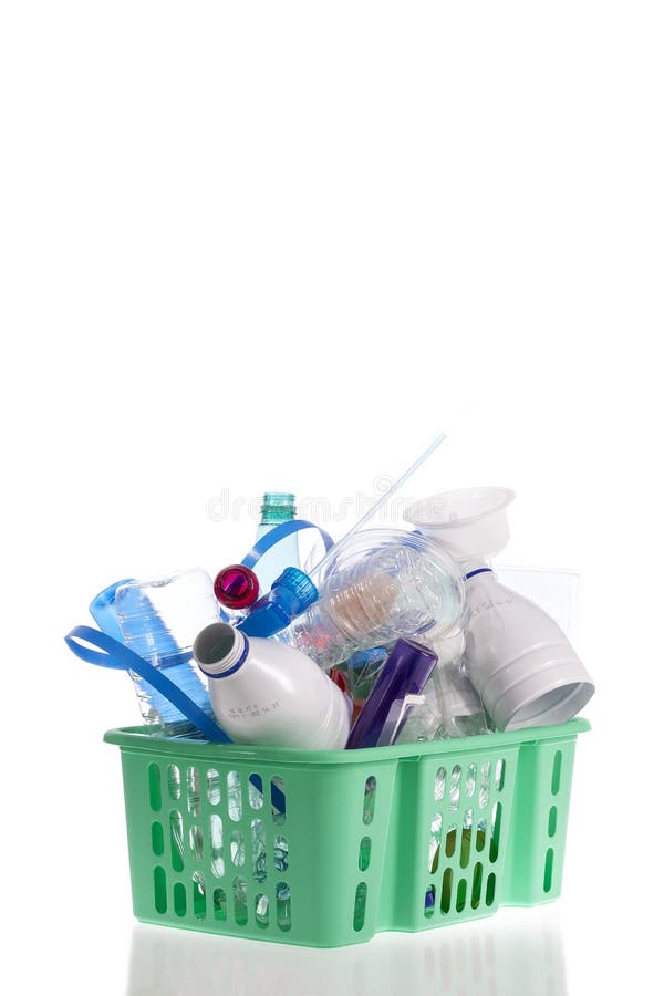 Recycling Plastic Basket Filled with Containers Isolated on White Stock