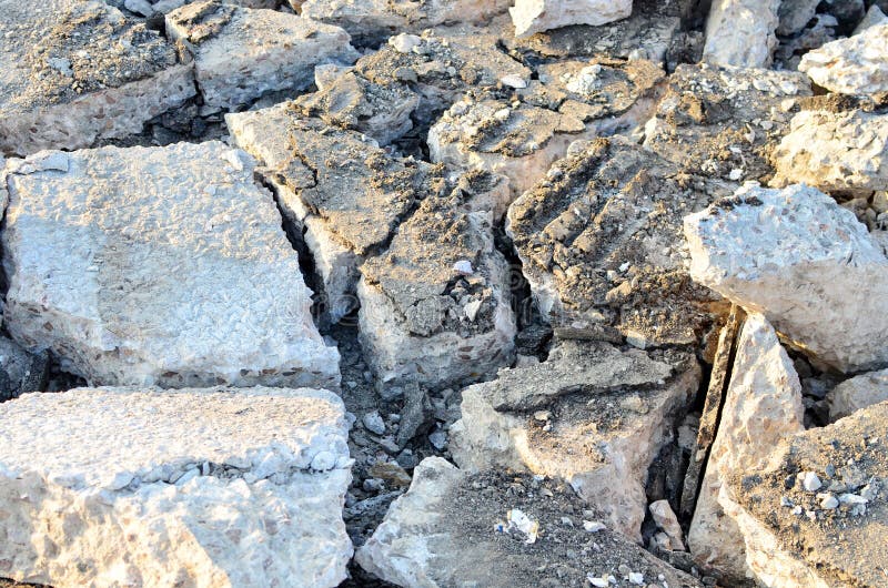 Recycling and Reuse Crushed Concrete Rubble, Asphalt, Building Material, Blocks Stock Image