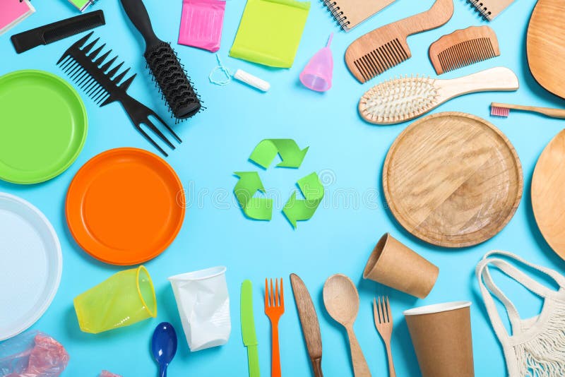 Recycling Symbol and Household Goods on Blue Background, Flat Lay Stock