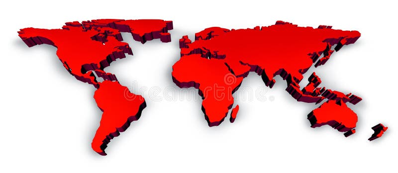 Red Dimensional 3D Wold Map with USA Europe Africa the Americas and Asia as an international symbol of global communications and intercontinental business based on a three dimension illustration of an earth model. Red Dimensional 3D Wold Map with USA Europe Africa the Americas and Asia as an international symbol of global communications and intercontinental business based on a three dimension illustration of an earth model.