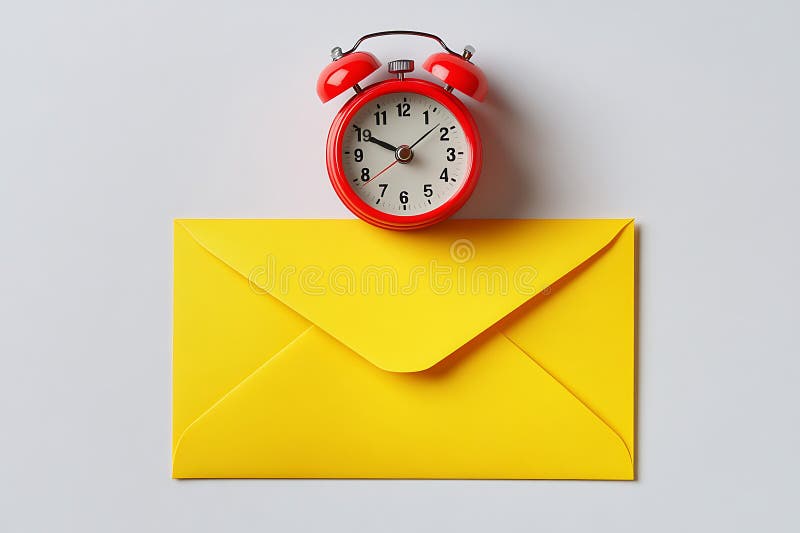 Red alarm clock on bright yellow envelope with clean background and symbolic urgency concept vector illustration