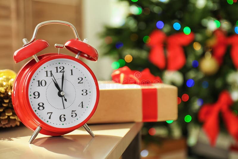 Red Alarm Clock And Christmas Tree Stock Image - Image of greeting ...