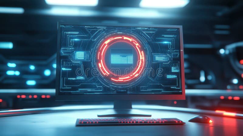 Red alert, computer security breach with glowing red circle on screen, data protection and cybersecurity vector illustration