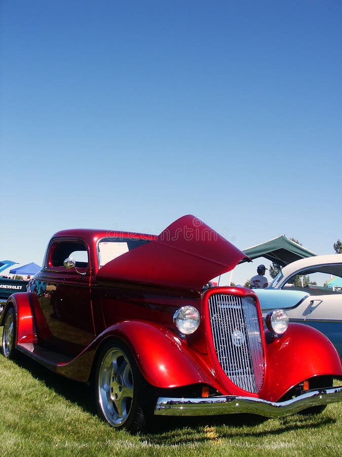 Red American Hotrod in grass