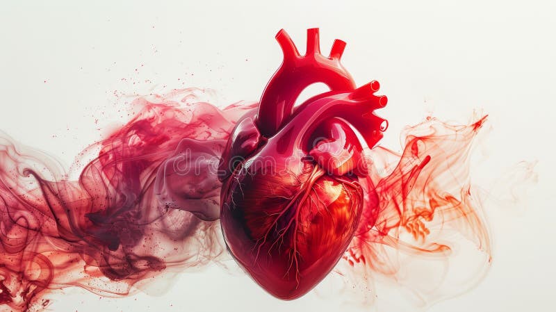 A red anatomical heart surrounded by swirling red and purple smoke, a symbolic representation of life, love, and passion royalty free illustration