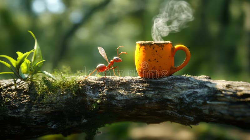 Close-up of a red ant curiously inspecting a steaming orange cup on a moss-covered forest log. A whimsical and creative depiction of nature and imagination.. AI Generation. Perspective ant stock images, royalty-free photos and pictures