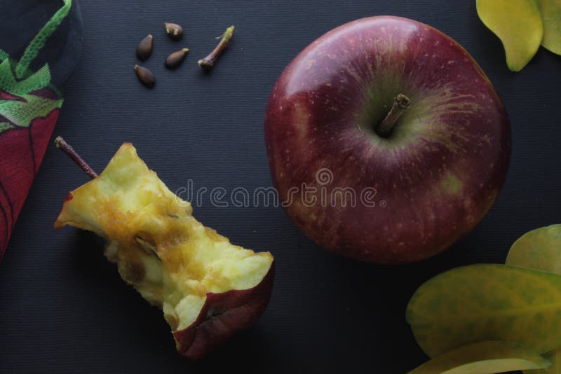 Red Apple and Apple Stump Stub Core Composition On Black Craft Paper Background royalty free stock photography