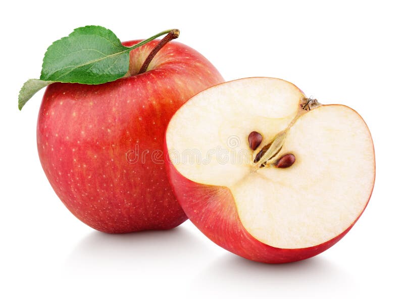 Red apple fruit with half and green leaf isolated on white