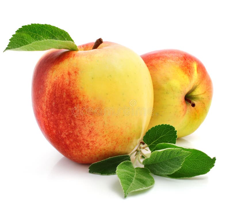 Red apple fruits with green leaves