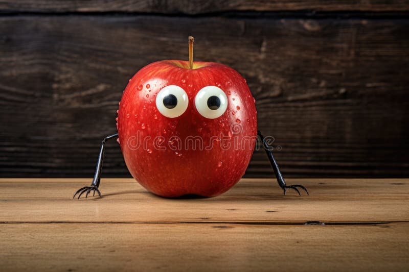 A Red Apple with Googly Eyes on a Rustic Wooden Table Stock Photo