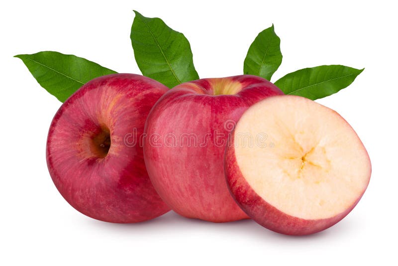 Red apple with green leaf and red apple cut slice isolated on a white background stock photos