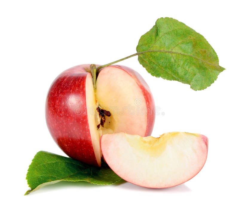 Red apple with green leaves