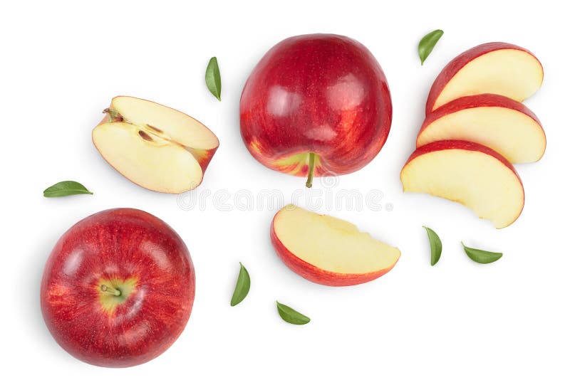 Red apple with half isolated on white background with clipping path and full depth of field. Top view. Flat lay. Set or. Collection