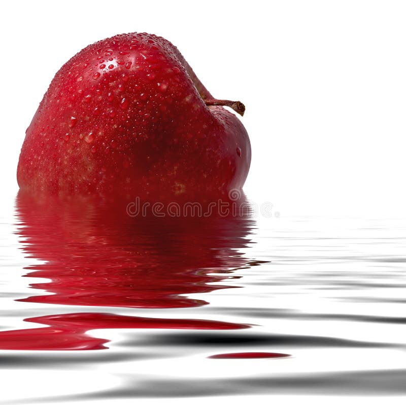 A fresh red apple whit some drops reflecting in the water. A fresh red apple whit some drops reflecting in the water