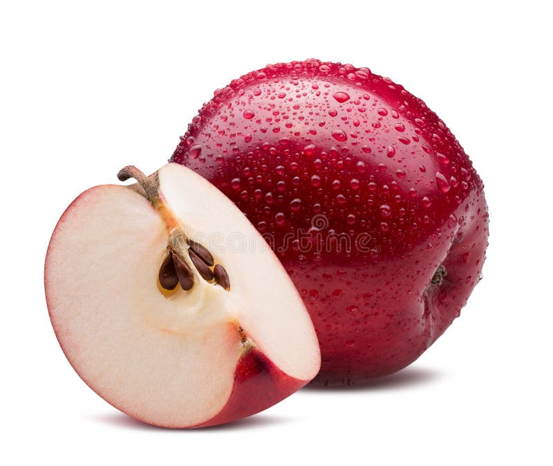 red apple with slice in water drops isolated on a white background