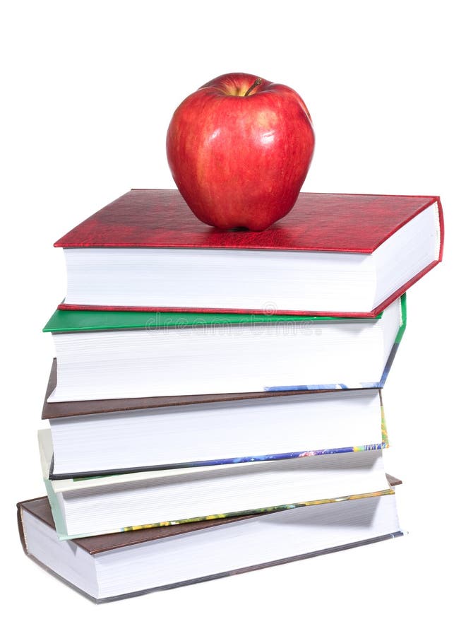 Stack of Open Books with Green Apple on White Background. Back Stock Image Image of