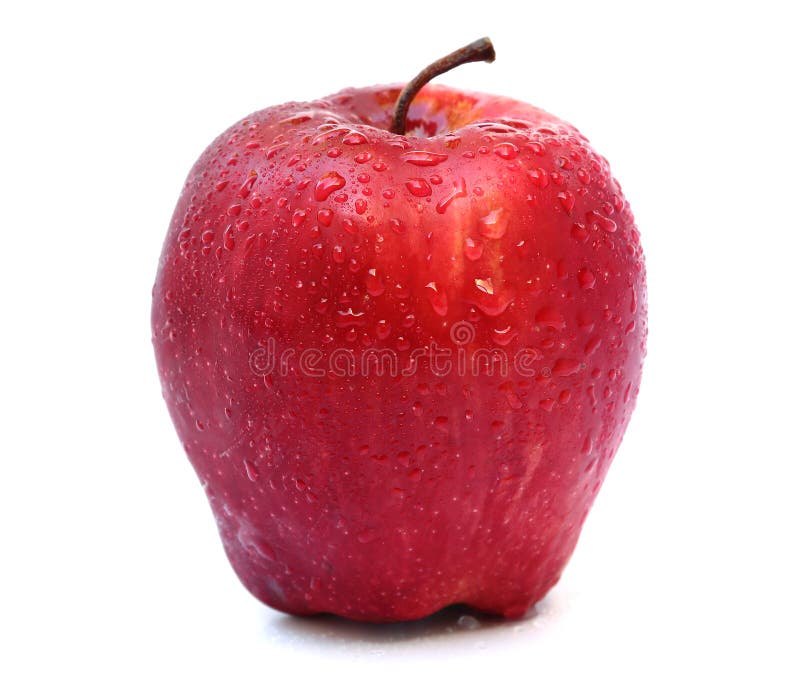 Red apple with water drops on white