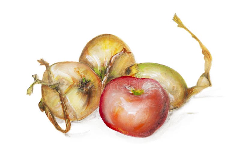 Red apple and yellow onion isolated